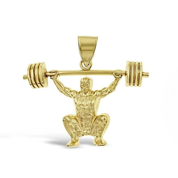 14K Yellow Gold Weightlifter Pendant Charm Fitness Gym Sports Jewelry 1 inch - Picture 1 of 3
